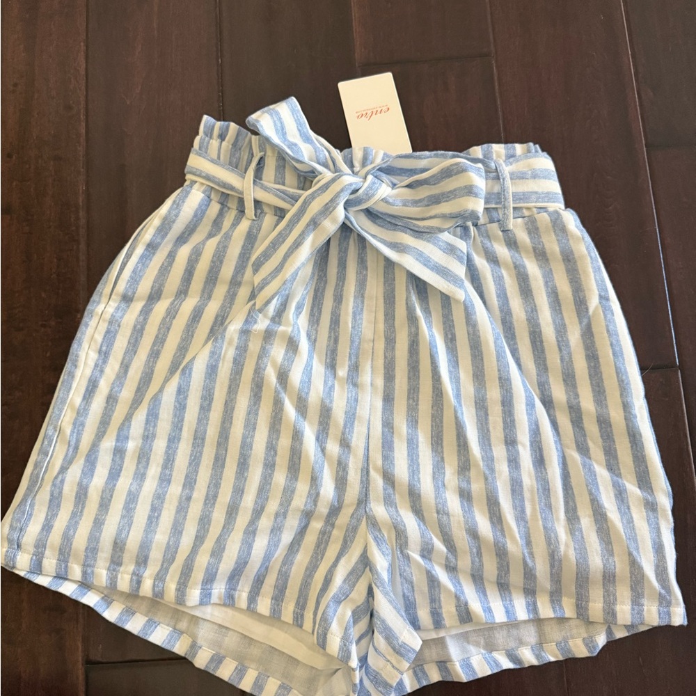 Entro Blue and White Striped High Waist Shorts